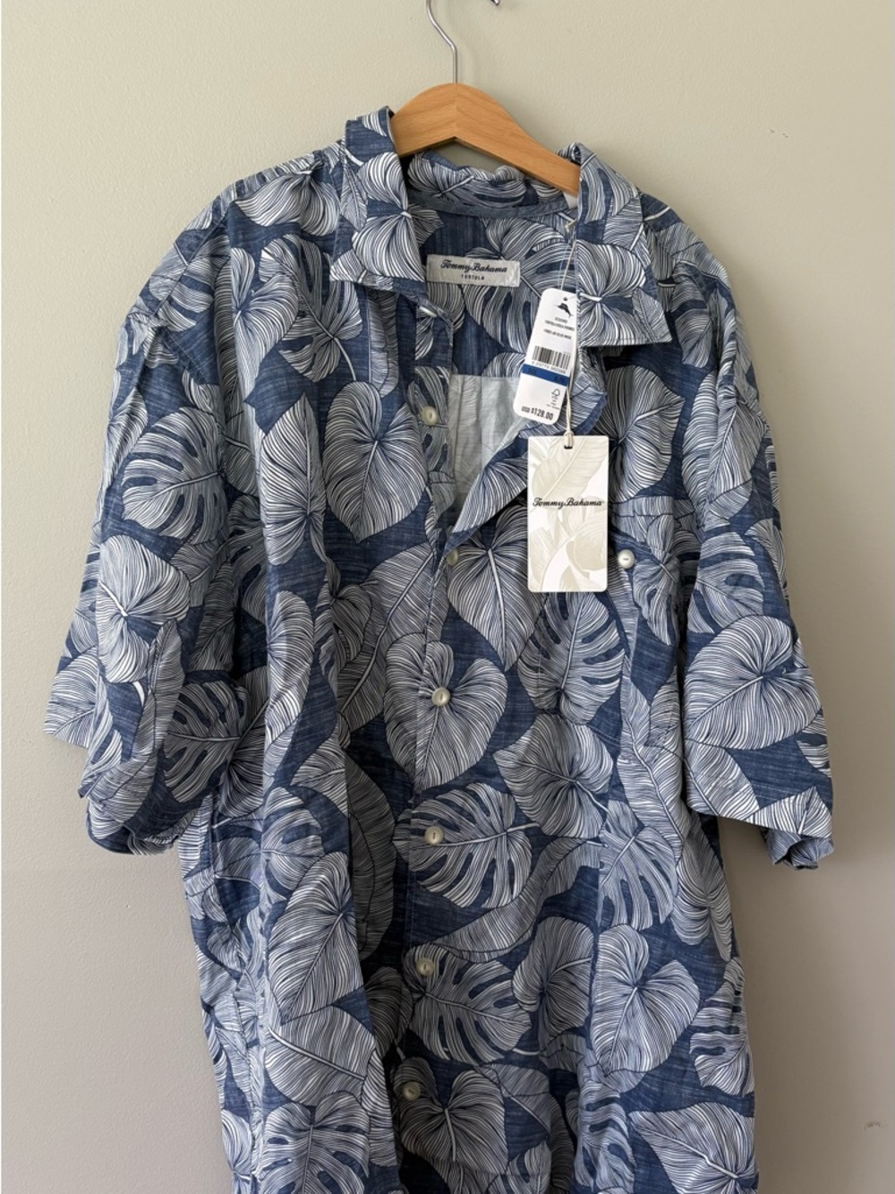 Tommy Bahama Navy and White Palm-Pattern Camp Shirt